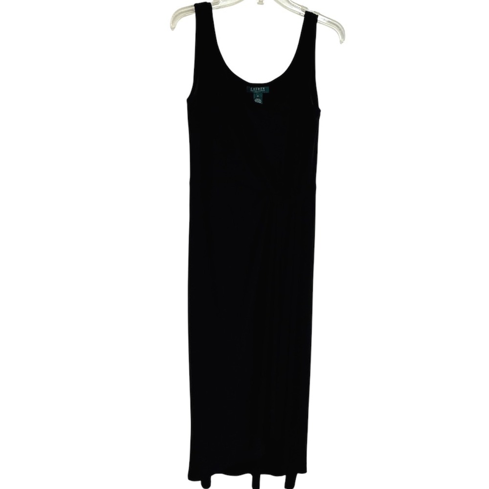 Lauren Ralph Lauren Black Sleeveless Maxi Dress Side Gathered Pleated Size 8